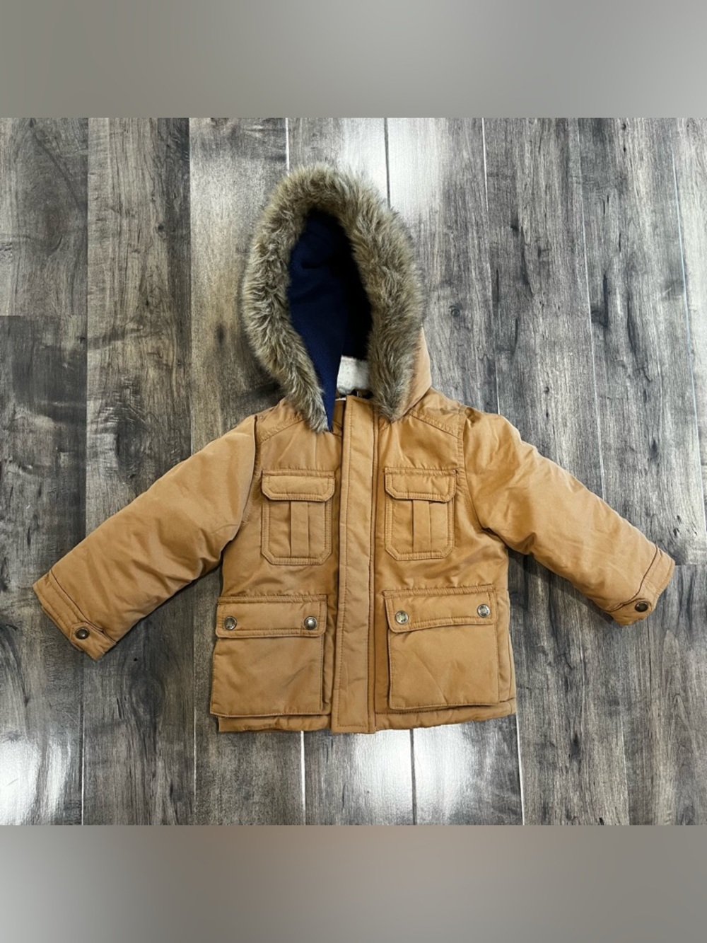 Toddler Boys Carters Faux Fur Trim Hood Khaki Parka Coat ~ Size 2T